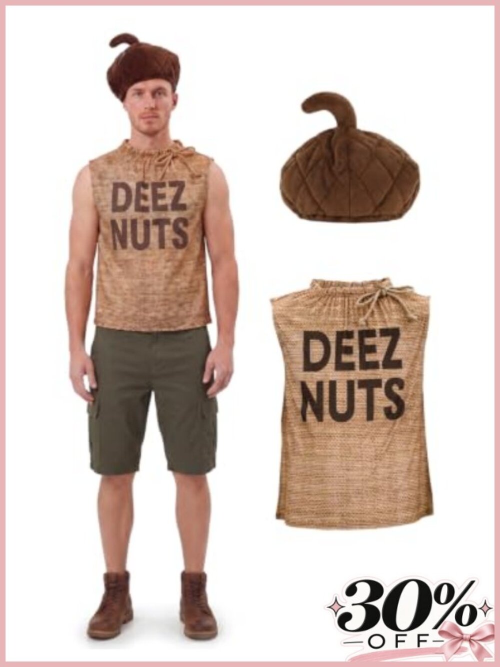 Mens Acorn Costume Set Sleeveless Top Plush Hat Halloween